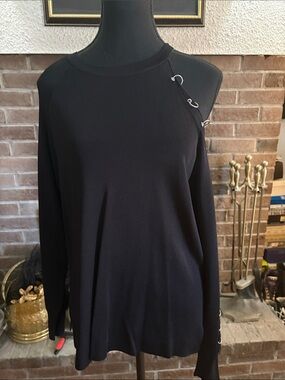 Zara Black Cold-Shoulder Crewneck Sweater with Silver Ring Accents